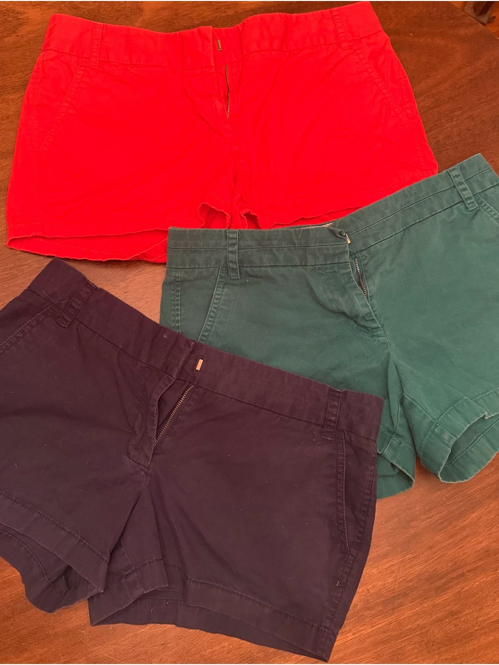 J. Crew Cotton Shorts Trio in Red, Forest Green, and Navy
